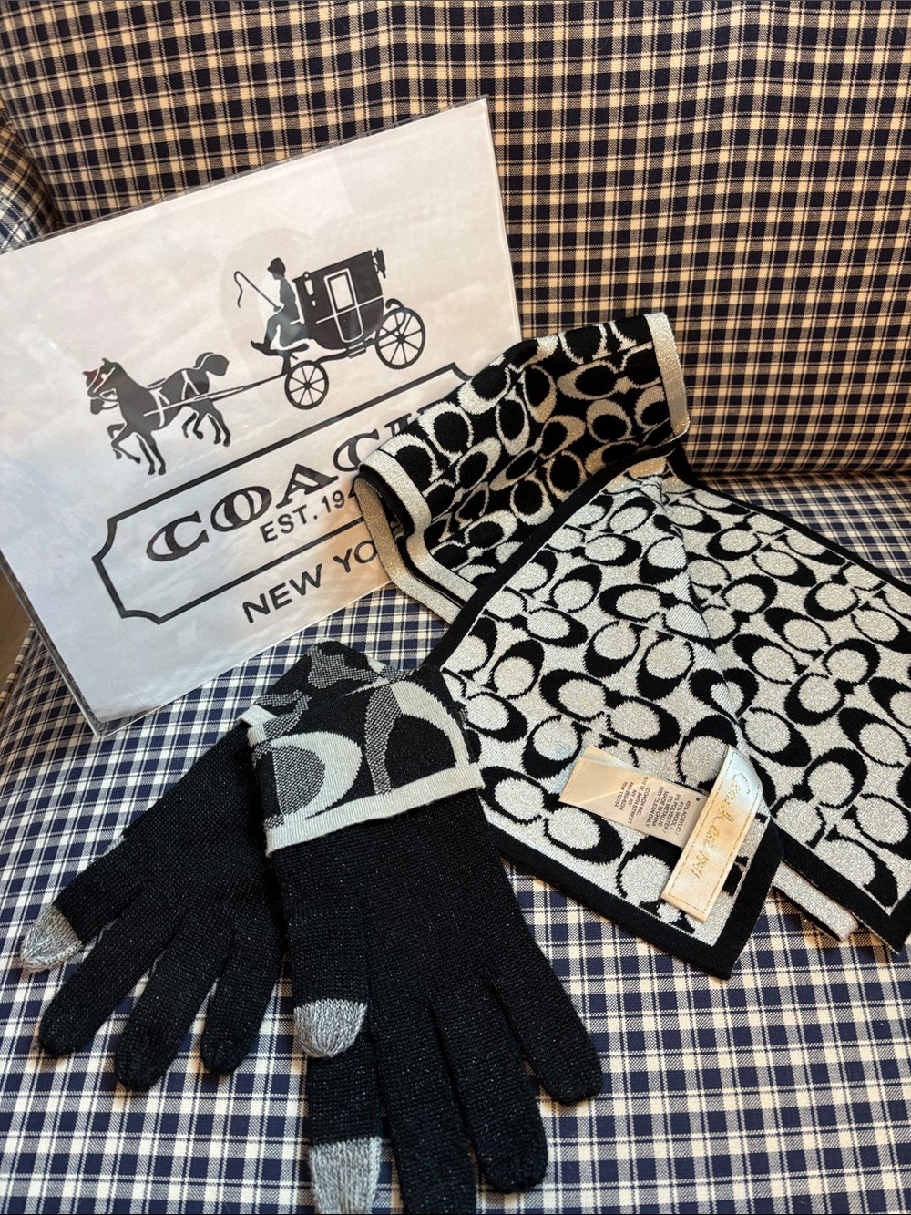 Coach Black & Ivory Signature Mittens and Scarf Set
